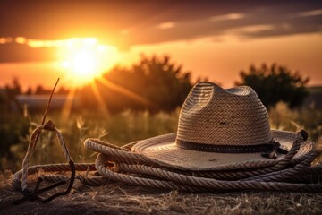 Wall Mural - cowboy hat and rope, with sunset in the background, symbolize the end of a long day, created with generative ai