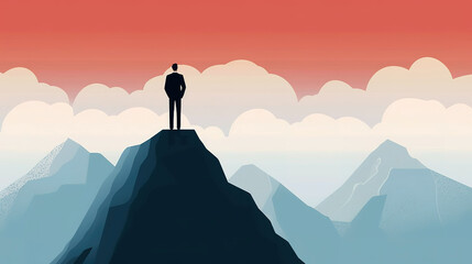 Silhouette of a businessman standing on top of a mountain. illustration art. generative AI image.