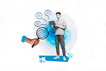 Poster - Banner poster collage of worker guy entrepreneur use digital netbook technology communicate with partners colleagues many emails