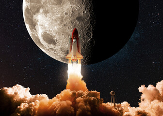 Fototapete - New space shuttle rocket with smoke and clouds takes off into the sky with moon. Shuttle spaceship liftoff to moon. Space Mission Launch to Moon Concept.