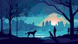 © Sabine - Beautiful blue vector style illustration of a man and dogs in the city park at night