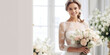 Hübsche weiße Model Braut mit Hochsteckfrisur und Brautstrauß am Fenster mit strahlenden lachen Poster Porträt, ai generativ