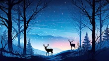 Deer Silhouettes In The Forest At Night With Snowfall In Blue Winter And Aurora Borealis Northern Lights