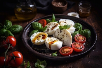 Wall Mural - Caprese salad with juicy tomatoes and olive oil on a plate on a dark background. Generative AI