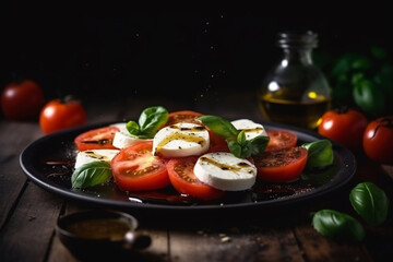 Wall Mural - Caprese salad with juicy tomatoes and olive oil on a plate on a dark background. Generative AI