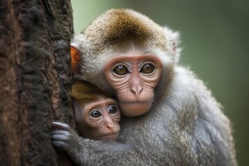 Wall Mural - heartwarming portrait of mother monkey, with her infant clinging to her back, created with generative ai