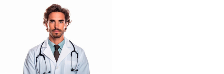 a very wide blank poster with a photo portrait of a handsome young doctor in the white coat uniform. banner poster isolated on white background. Generative AI