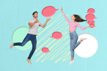 Poster - Photo collage artwork minimal picture of funny lady guy sending messages empty space isolated graphical background