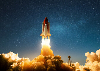 Poster - New Ship Rocket flies to another planet. Spaceship lift off into the starry sky space. Rocket starts mission into space. Concept. Travel to cosmos. Explorer