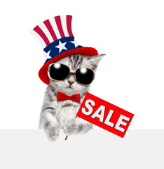 Poster - Cute kitten wearing like Uncle Sam looks from behinde empty white banner and shows signboard with labeled 