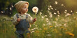 canvas print picture - Süßes Kind auf der Wiese mit Pusteblumen und fliegen, ai generativ