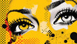 Abstract Retro/Pop-art magazine halftone collage, eyes of fashion woman. Generative AI