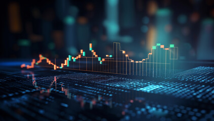 Wall Mural - Panoramic abstract backdrop with stock market growth/down, digital financial chart graphs and indicators. Generative AI