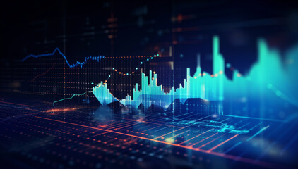 panoramic abstract backdrop with stock market growth/down, digital financial chart graphs and indica