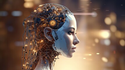 illustration of a futuristic robot with cybermatic system design character with glow light, idea concept for Artificial Intelligent , the future and development of Ai. Generative Ai