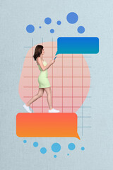Poster - Photo cartoon comics sketch collage picture of smiling lady chatting twitter telegram facebook empty space isolated creative background