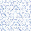 Seamless pattern with sketch style cartoon balls from popular team sports on a white checkered background