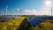 © tanatat - solar energy panels and wind turbines on the field - alternative electricity source ,Generative AI