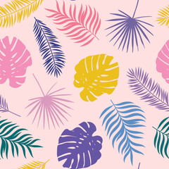 Poster - Colorful vector background with scattered leaf silhouettes, tropical seamless pattern for the summer
