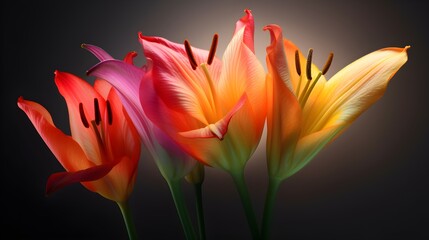 Wall Mural - Close up of some rainbow multicolor tulip flowers on isolated on studio background. Generative AI technology.