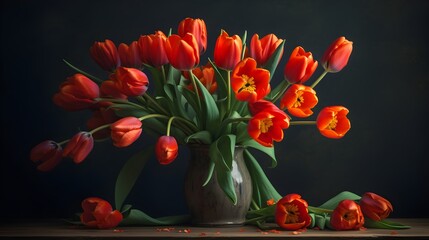 Wall Mural - Bouquet of red tulip flower arrangement in a ceramic vase and some fallen flowers in a table indoor. Generative AI technology.