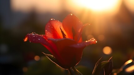 Wall Mural - Close up silhouette of wet red tulip flower and some water drops looks fresh in the morning or evening golden hour nature background. Generative AI technology.