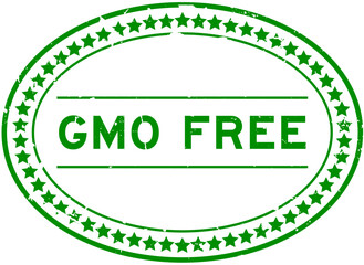 Grunge green GMO (abbreviation of Genetically Modified Organisms) free word oval rubber seal stamp on white background