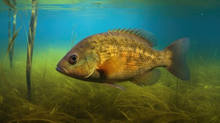 Wall Mural - Bluegill Fish Close-up Swimming in Shallow Sea