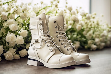 Luxury glamour woman`s boots. Super photo realistic background, generative ai illustration.