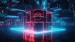 © Tisha - abstract blue red neon background. Holographic cube glowing in the dark, levitating above the city street. Digital geometric wallpaper