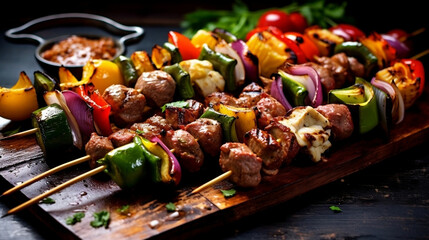 A sizzling grill with an array of meats_ vegetables_ and colorful kabobs, Generative AI