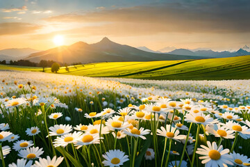 Wall Mural - A beautiful, sun-drenched spring summer meadow. Natural colorful panoramic landscape with many wild flowers of daisies against blue sky. A frame with soft selective focus,