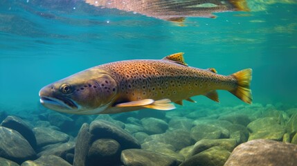 Wall Mural - Brown Trout Swimming in Shallow Aqua-Coloured River