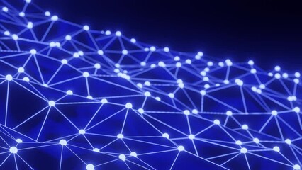 Poster - Abstract digital plexus style loopable animation. Futuristic digital blue particles wave background. Connection moving dots and lines, network connection structure. Technology, big data. 3d animation