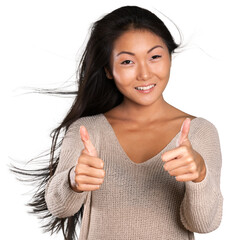 Wall Mural - Pretty young woman showing thumbs up isolated on white background