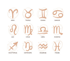 Wall Mural - set of 12 zodiac signs symbols with title, astrology banner in beige colors, boho tattoo, mystical h