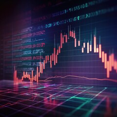 Technical price graph and indicator, red and green candlestick chart on blue theme screen, market volatility, up and down trend. Stock trading, crypto currency background