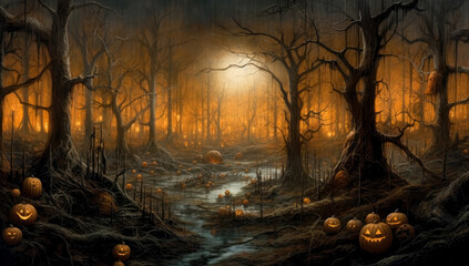 Wall Mural - pumpkin forest Halloween wallpaper. In the style of dark chiaroscuro figurative paintings, photo-realistic landscapes.