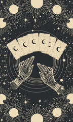 Wall Mural - witch fortune teller hands lay out mystical tarot cards, divination, fortune telling, line engraving