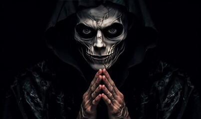 Wall Mural - Young creepy face dressed in dark gothic robe with his fingers extended, in the style of poster, skeletal. Evil reaper face Halloween wallpaper. 