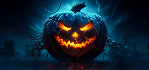 Wall Mural - Halloween jack o lantern with bright face on dark blue background.
