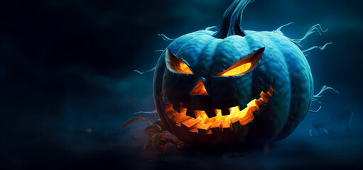 Wall Mural - Halloween jack o lantern with bright face on dark blue background.