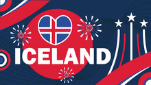 Iceland Modern Vector Banner Design For Celebrating National Day. Iceland Flag Theme Colors And Geometric Shapes Illustration Background. Retro Style Horizontal Poster Or Web Banner For Iceland.