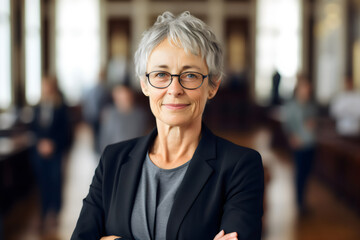 smiling senior woman with short gray hair in office portrait, made with generative ai