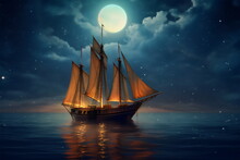 Ship On Water In Moonlight With Clouds, Painting Made With Generative Ai