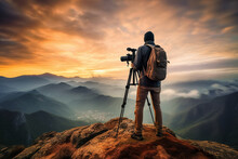 Photo Of Cameraman Taking Mountain Landscape Photo During Sunset AI Generated