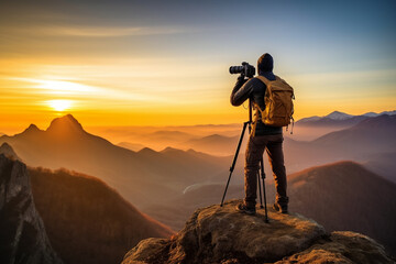 Photo of cameraman taking mountain landscape photo during sunset AI generated