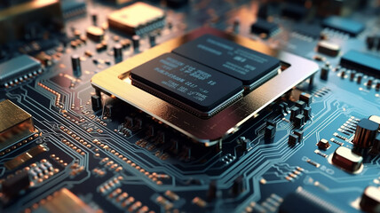 Closeup of computer cell phone micro chips. electronic circuit Motherboard, AI generative
