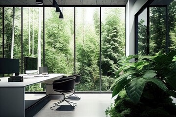 Wall Mural - office with view of lush green forest, with the plants providing a natural atmosphere, created with generative ai