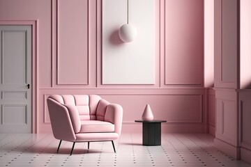 Wall Mural - a pink armchair in the middle of a room decorated with minimalist and clean lines, created with generative ai